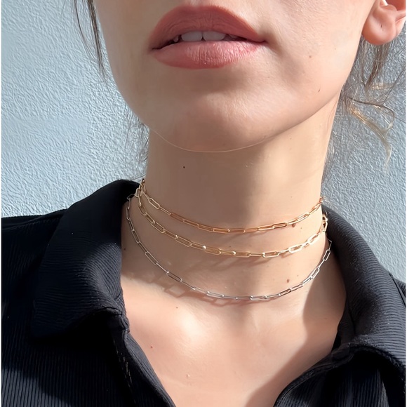 14" Choker White Gold Plated Skinny Paperclip Chain Necklace - Picture 2 of 2